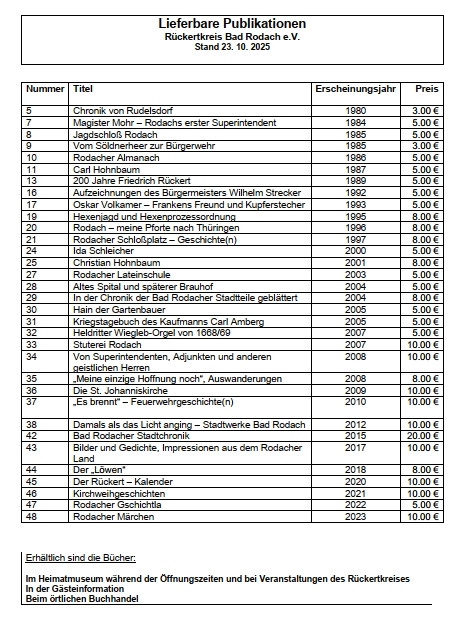 lieferbare Bücher und andere Veröffentlichungen des Rückertkreises Bad Rodach mit Preisangaben